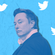 An image of Elon Musk surrounded by Twitter birds against a cracked background.